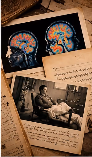 Archivní fotografie psychiatrického výzkumu a ilustrace mozku