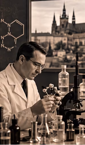 Historicky stylizovaný vědec v laboratoři s modelem molekuly